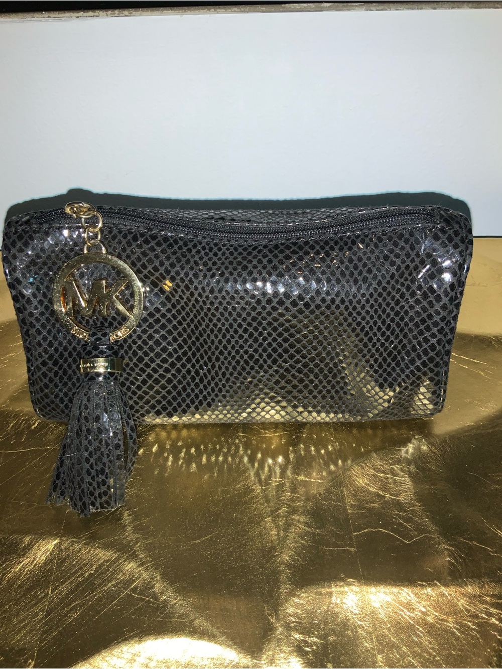 Michael Kors Black Snake-Embossed Cosmetic Case with Gold MK Charm